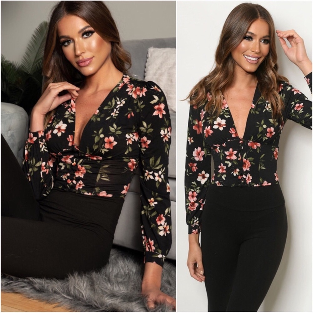 New Women’s Sexy V-neck Long Sleeves Black Cropped Blouse, Pretty Floral Print - Picture 2 of 4